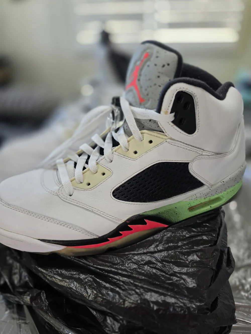 Air Jordan 5 Retro White Black Neon Green Pink Shoe